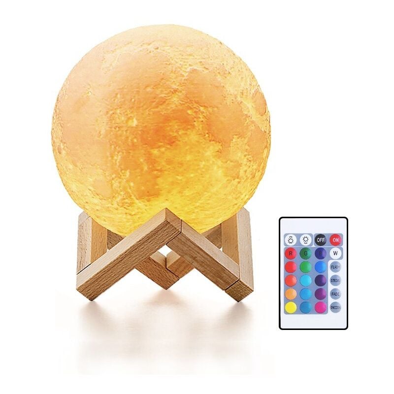 Lampe Lune 16 Couleurs rvb 15CM Télécommande Rechargeable usb Commande Tactile et Support Inclus Lampe de Table - Jandei