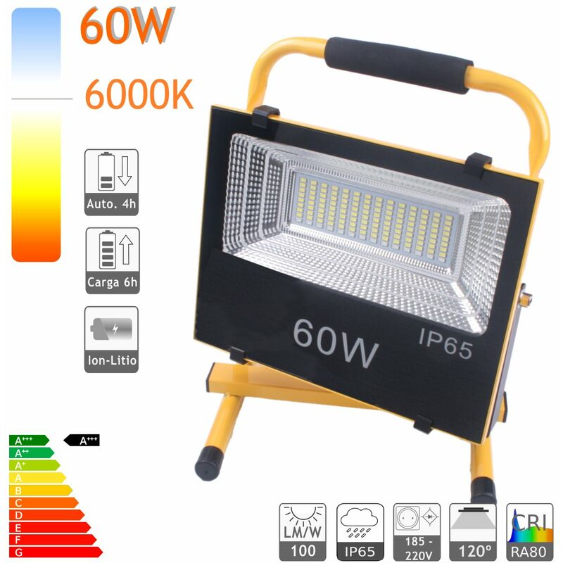 

Proyector LED Exterior IP65 Recargable Batería 60W (6000LM) Luz Blanca 6000K Emergencia Salida USB - Jandei