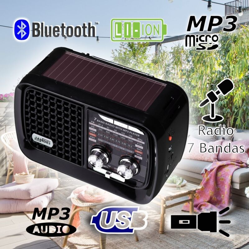 

Radio con panel solar 7 bandas, Bluetooth batería ion litio recargable USB Linterna - Jandei