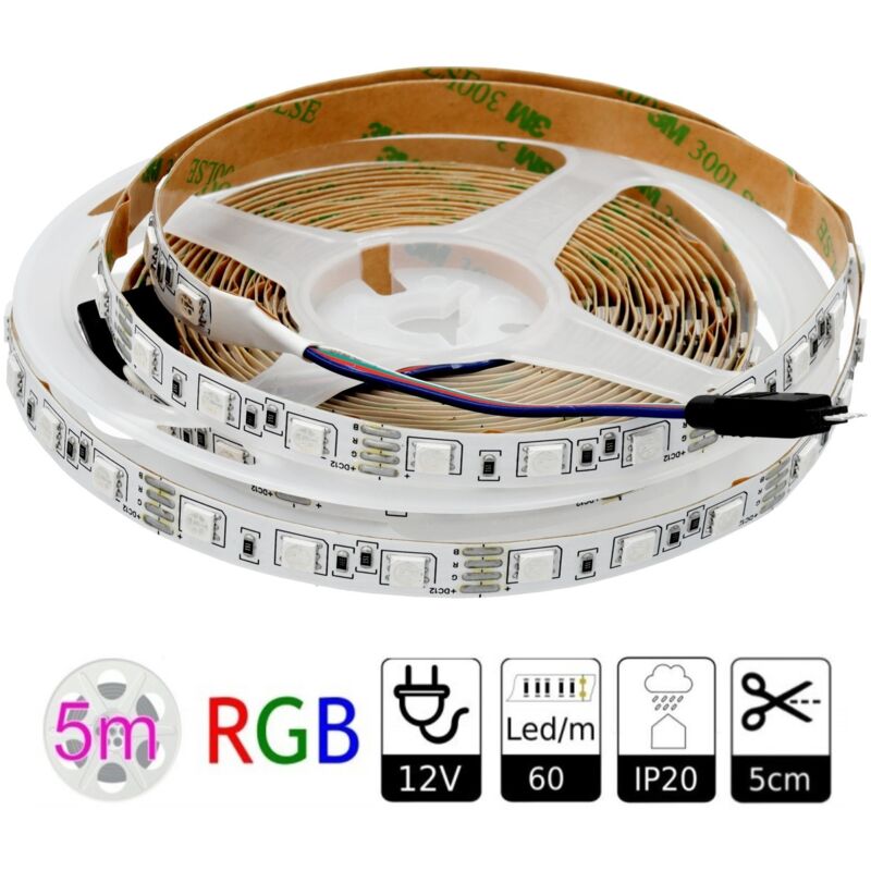Jandei - Bande led 12V rgb 60 LEDs/mètre intérieur IP20 SMD5050 Bobine 5 m Bande led Multicolore