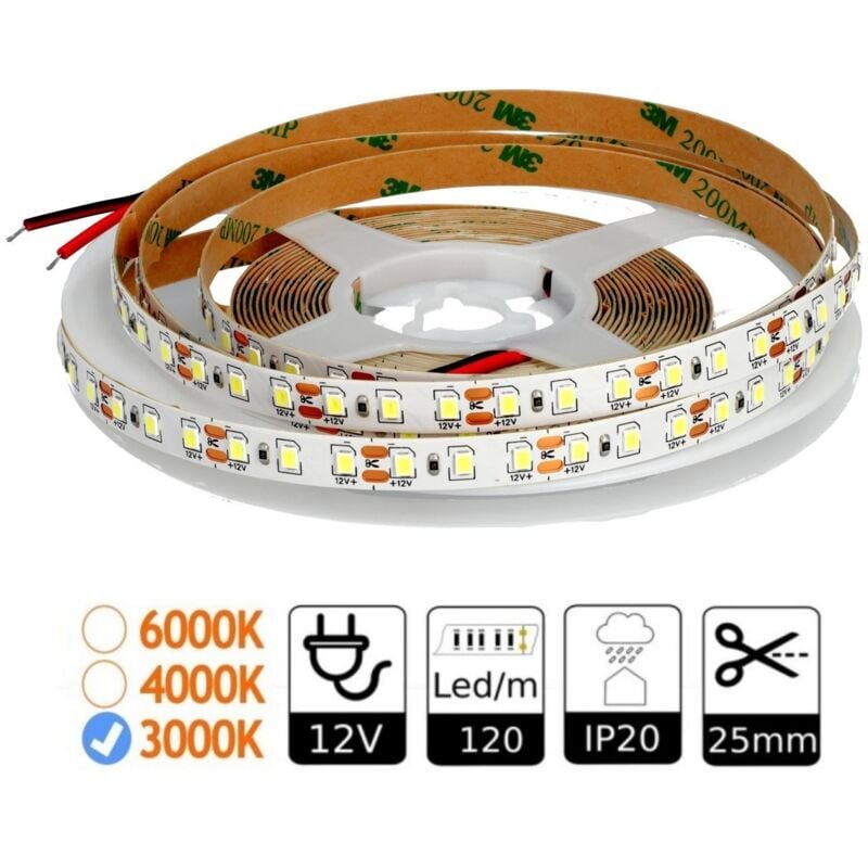 Bande led 12V 3000K 120 LED/mètre intérieur IP20 SMD2835 Bobine 5 m Bande led 12V - Jandei