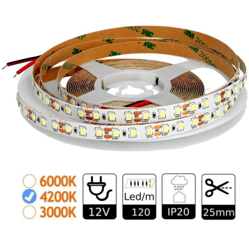 Bande led 12V 4200K 120 LED/mètre intérieur IP20 SMD2835 Bobine 5m Bandes led - Jandei
