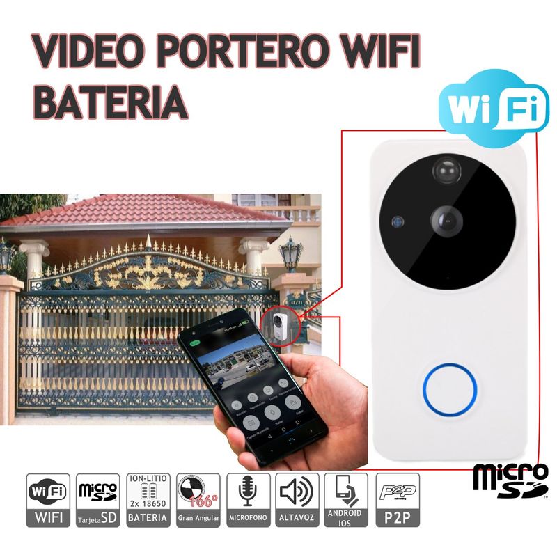 

Videoportero Con Vídeo 1080P IP 160º Conexión Wifi Con Detección De Movimiento. Aplicación Para Android IOS P2P - Jandei