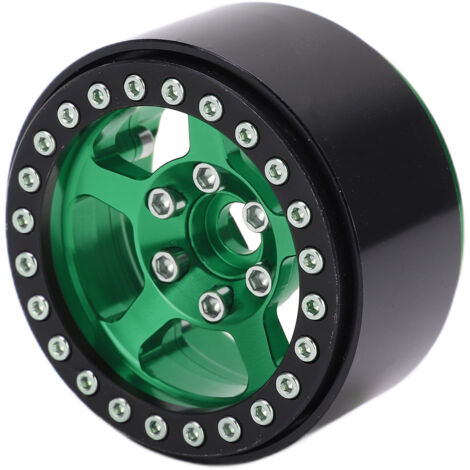 Jantes en alliage d'aluminium 5 trous 1,9 pouces à blocage de perles, couleur argent, sans taches, pour pneus RC, moyeu vert fluo.