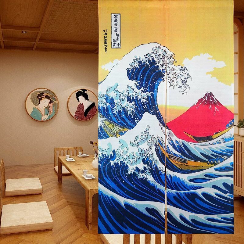 Japanese Door Curtain Noren Ukiyoe Hokusai The Great Wave Off Kanagawa Mount Fuji Door Hanging Tapestry For Home Decor 33.5 X 59 Inch