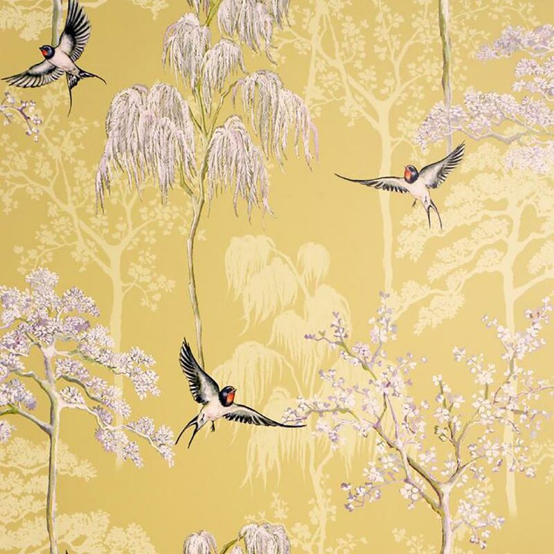 Arthouse - Japanese Garden Wallpaper Ochre Yellow Lilac Birds Blossom Tree