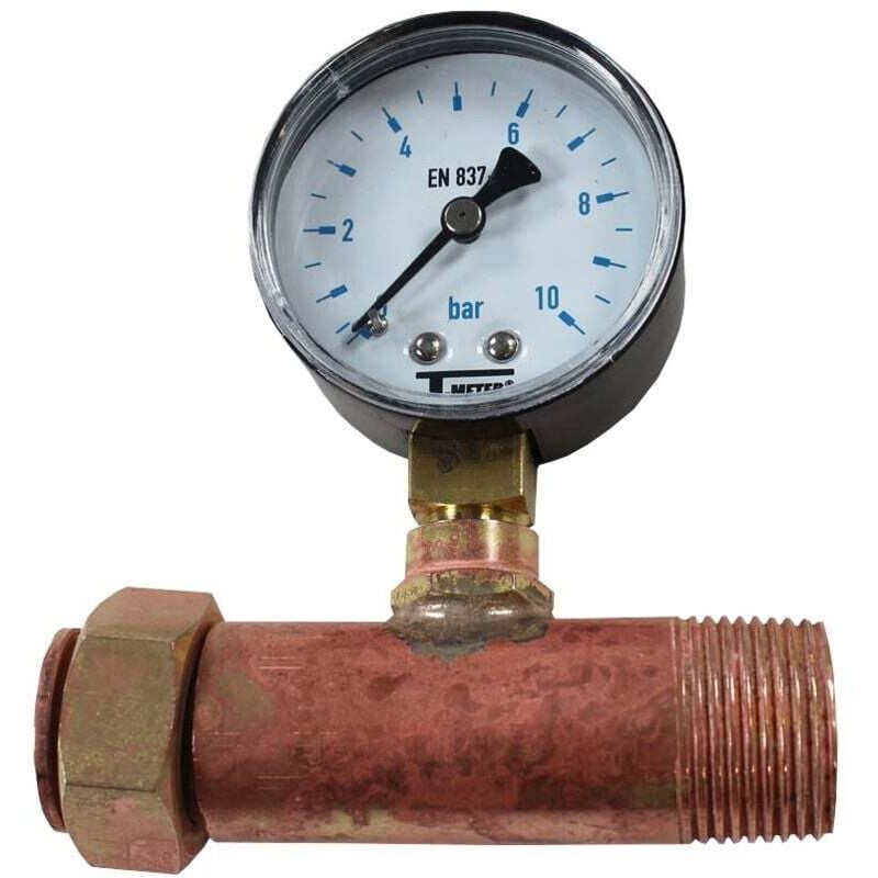 Jaquette prise pression réseau eau Mâle 3/4' (20/27) - fl 3/4' (20/27) + Manomètre Radial 0/10 bars bain de glycérine Q01M34FL34 + Q04R10G Arcanaute