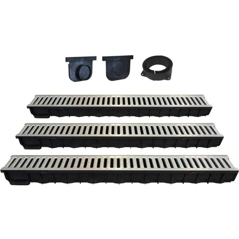 Jardibric - Kit 3 Caniveaux + Grilles + Obturateurs + Connecteur – 3m linéaire – l 92 x h 66 mm Classe A15