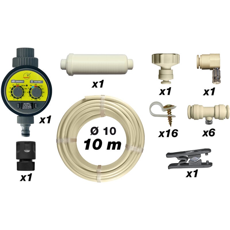 Jardibric - Kit Complet de Brumisation Fixe : Inclut 1 Temporisateur, 1 Filtre, 1 Connecteur, 16 Colliers de Fixation, 1 Purge et 10m de Tuyau