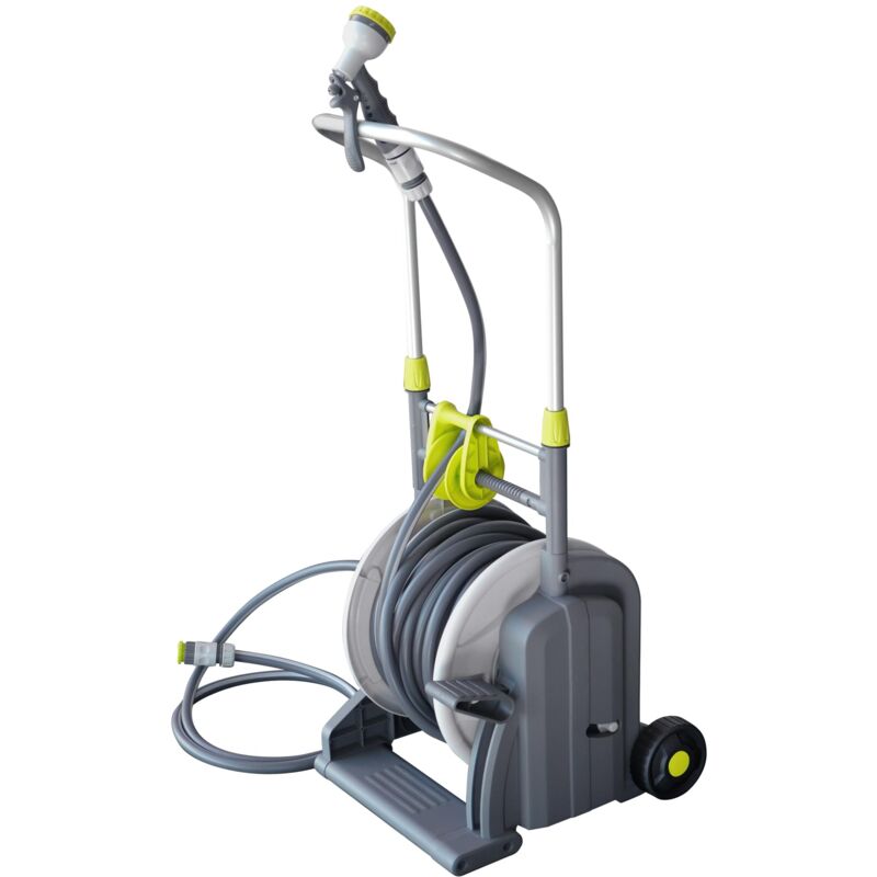 Dévidoir à Pédale Jardibric – Tuyau 25m + Rallonge 2m – Pistolet 6 Jets – Enroulement Facile au Pied