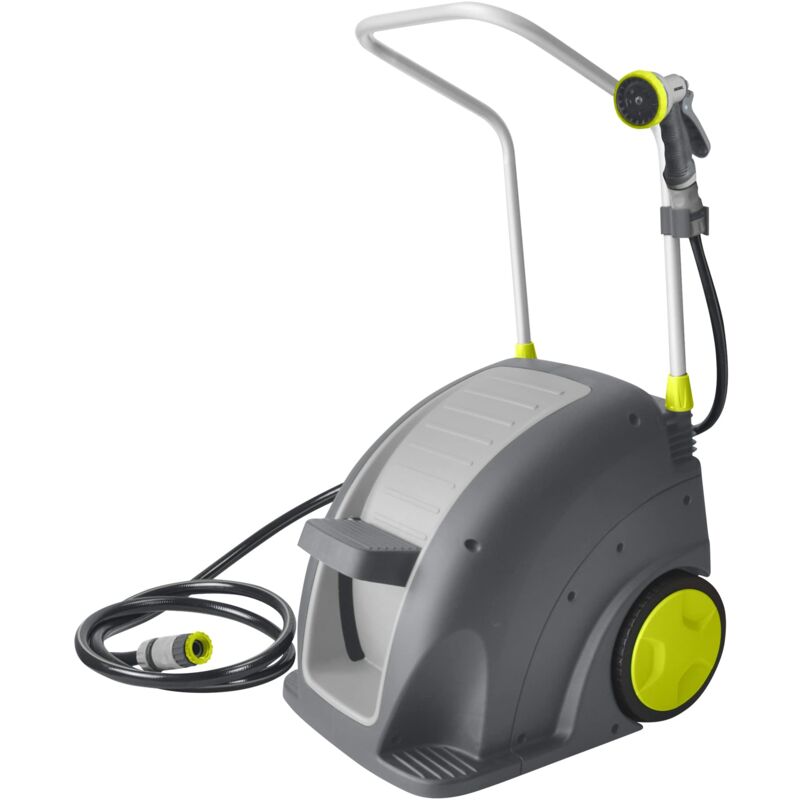 Dévidoir à Pédale Jardibric – Tuyau 30m + Rallonge 2m – Pistolet Multijets – Enroulement Sans Effort