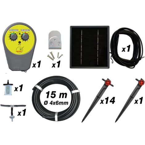 Jardibric – Kit d'arrosage goutte à goutte avec pompe solaire programmable – 15m tuyau Ø4x6mm – 15 goutteurs automatiques sur pic – Irrigation précise