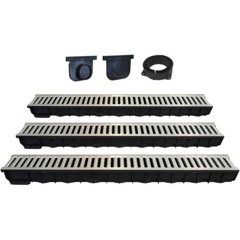 Jardibric - Kit de 3 caniveaux de 1 m avec grilles en acier galvanisé et accessoires - Drainage extérieur durable Classe A15 - Installation facile pour jardin, terrasse, allée