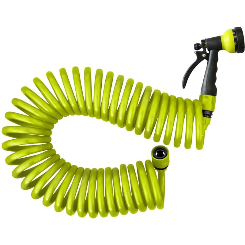 Jardibric - Tuyau d'arrosage serpentin pu 10 m – Avec pistolet, raccord – Souple et extensible – Facile à ranger
