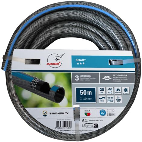 Jardibric – Tuyau d'arrosage 3 couches 50m Ø19mm – Guipé tricoté anti-UV et anti-algues – Pression 20 bars pour arrosage intensif