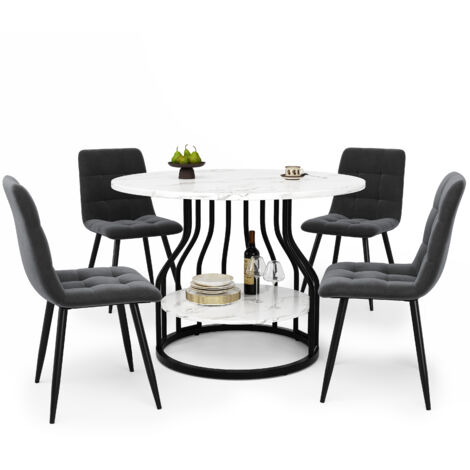 Jardin d’hôtes (5 pièces), Jardin d’hôtes avec 4 chaises. Jardin d’hôtes moderne pour la cuisine. Table de cuisine ronde, diamètre de 80 cm. Pieds métalliques noirs. Plateau en marbre MDF.