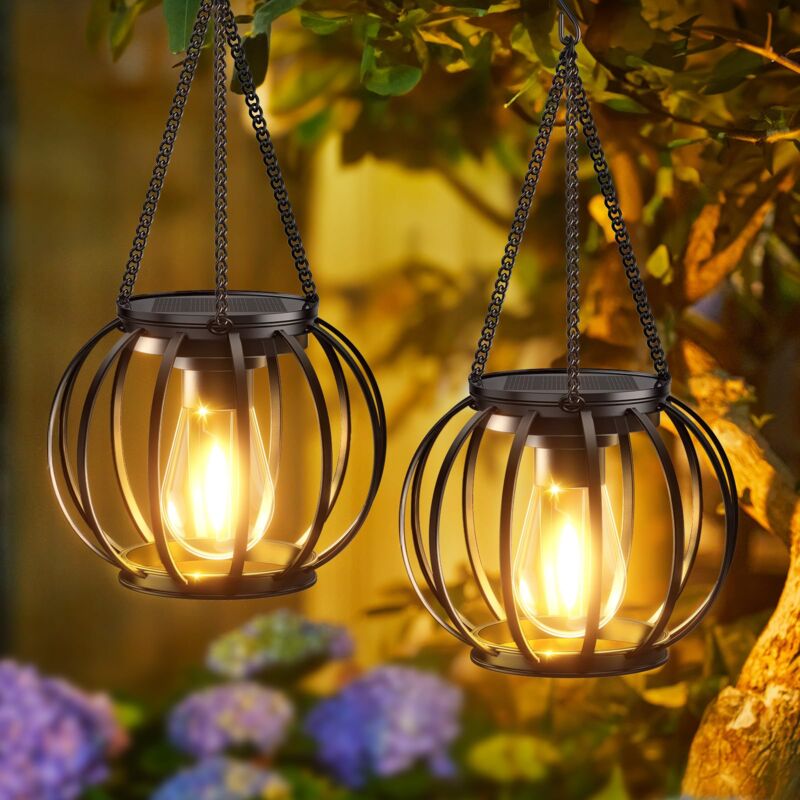Jardin Lampe Solaire Exterieur Suspendue, 2 Pièces Métal Lanterne Solaire Exterieur avec Blanche Chaude Ampoule LED, IP65 Étanche Lumiere Solaire