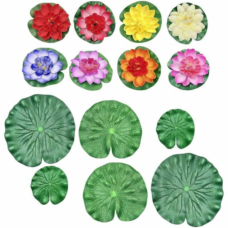 Jardin piscine Lot de 8 nénuphars artificiels multicolores et 6 feuilles de nénuphar, petit lotus en mousse, fleurs artificielles de bassin, fausses
