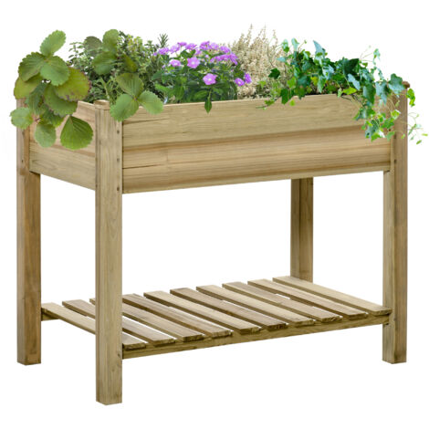 Jardin urbain bois avec étagère 91x51x76 cm, table culture rectangulaire, trous drainage, terrasse extérieur, naturel