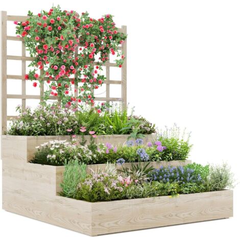 Jardin Vertical en Bois à 3 Niveaux avec Treillis et Fond Ouvert pour Plantes Grimpantes, Légumes, Herbes - Bac de Plantation