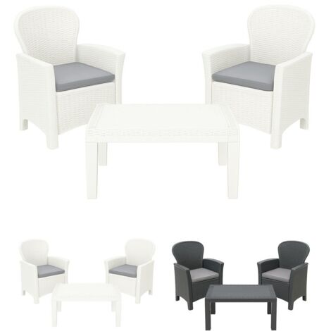 JARDIN202 - Conjunto de Muebles de Jardín Ratán AKITA  Set Exterior 2 Plazas con Cojines, Sillones y Mesa Auxiliar  Mobiliario Terraza   (Blanco)