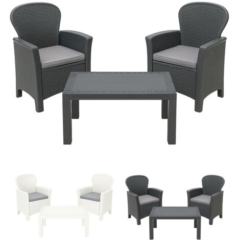 JARDIN202 - Conjunto de Muebles de Jardín Ratán AKITA  Set Exterior 2 Plazas con Cojines, Sillones y Mesa Auxiliar  Mobiliario Terraza   (Gris Antracita)