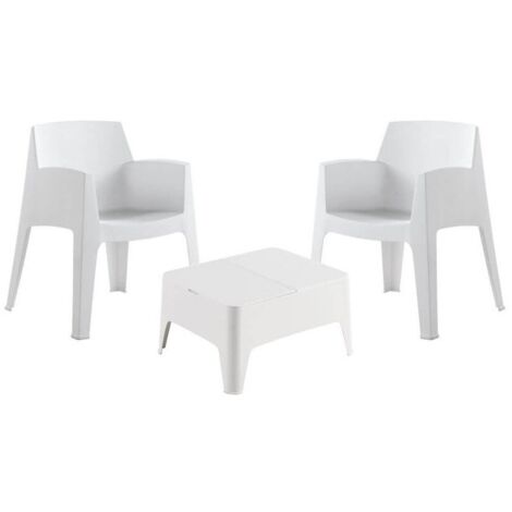 JARDIN202 - Set Costa - Elegante Conjunto Blanco con 2 Sillas y Mesa Auxiliar con Cajón de Almacenamiento  Set (Blanco)