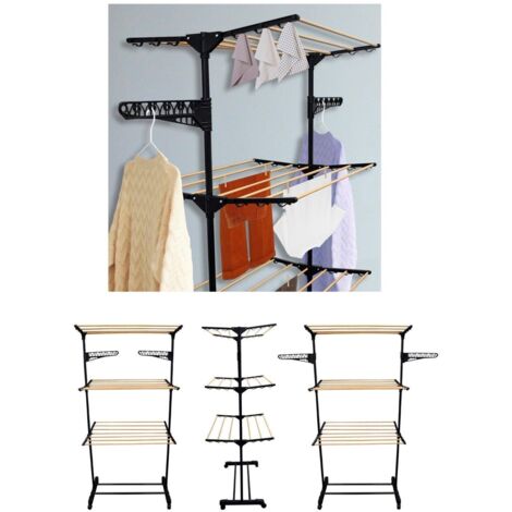 JARDIN202 - Tendedero Tres Alturas de Metal 140 x 57 x 165 cm Tendal Torre con Ruedas (Negro-Natural)