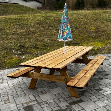 Jardinatoire – Table de jardin en bois massif 180 cm – Traitement autoclave classe 3 – Trou parasol central – Pour 6 personnes – Fabrication française