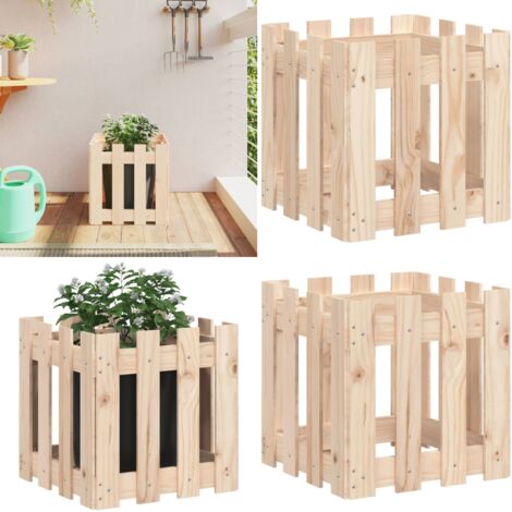 Jardinera con diseño de valla madera maciza de pino 40x40x40 cm - Macetero de pino - Macetero para jardín