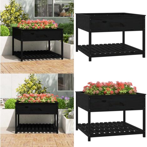Jardinera con estante madera maciza pino negro 111,5x111,5x81cm - Macetero de pino - Jardinera con estante