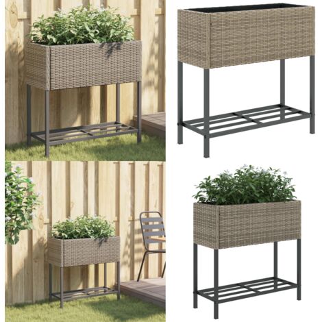 Jardinera con estante ratán sintético gris - Ratán sintético - Maceta