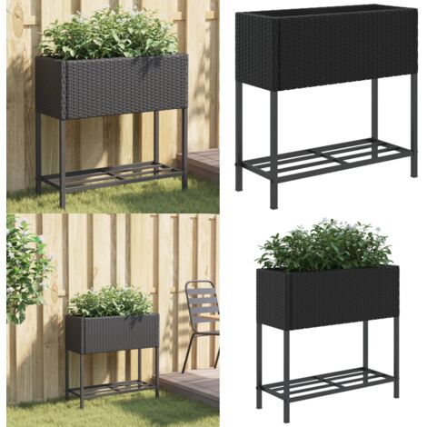 Jardinera con estante ratán sintético negro - Ratán sintético - Maceta