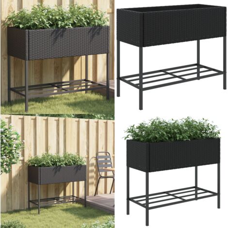 Jardinera con estante ratán sintético negro - Ratán sintético - Maceta