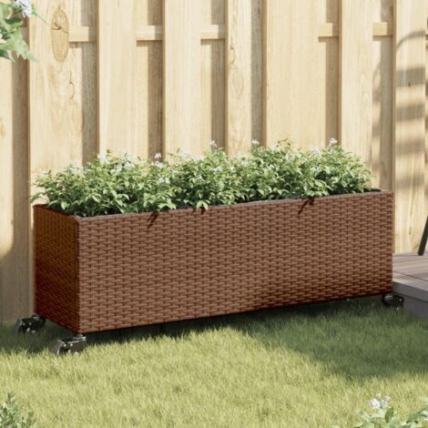 Jardinera con ruedas y 3 maceteros ratán PE marrón 107x32x38 cm