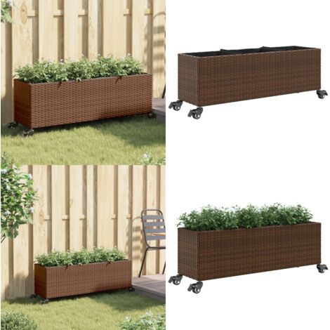 Jardinera con ruedas y 3 maceteros ratán PE marrón 107x32x38 cm - Maceteros - Ratán sintético