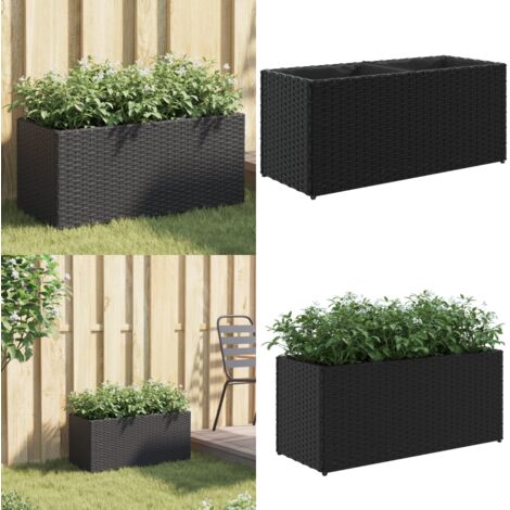 Jardinera de jardín con 2 maceteros ratán PE negro 72x30x32 cm - Maceteros ratán - Jardinera con macetas