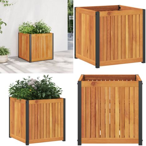 Jardinera de madera maciza de acacia y acero 45x45x44 cm - Maceta para plantas - Jardinera de acacia