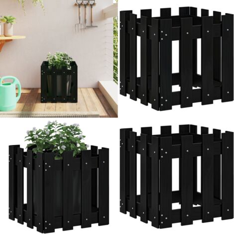 Jardinera diseño de valla madera maciza pino negra 40x40x40 cm - Macetero de pino - Macetero para jardín