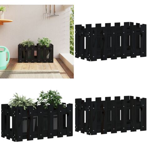 Jardinera diseño de valla madera maciza pino negra 60x30x30 cm - Macetero de pino - Macetero para jardín