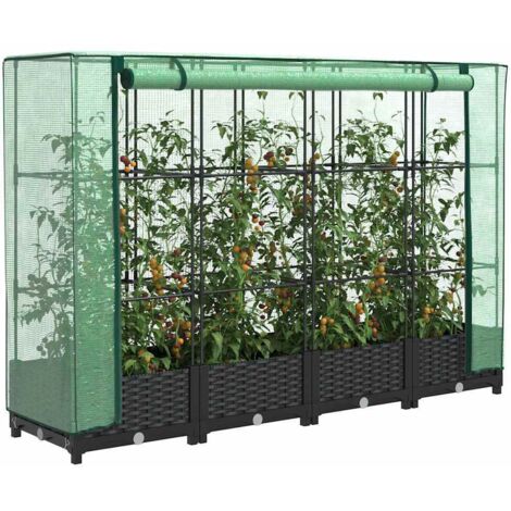 Jardinera elevada con cubierta de invernadero aspecto ratán 160x40x123 cm