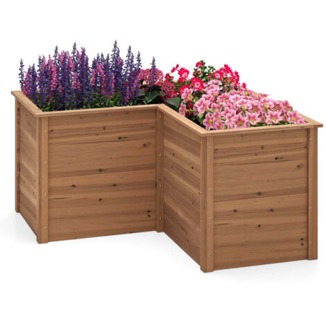 Jardinera elevada en forma de L 120 x 120 x 63 cm base abierta para facilitar el drenaje acabado moderno de madera color café 200011035