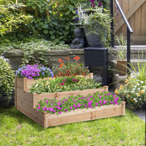 Jardinera Exterior Grande de Madera de 3 Niveles con Diseño de Escalera 120x120x56 cm Natural