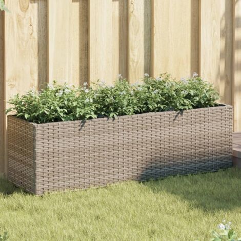 Jardineras con 3 maceteros 2 uds ratán PE gris 105x30x32 cm