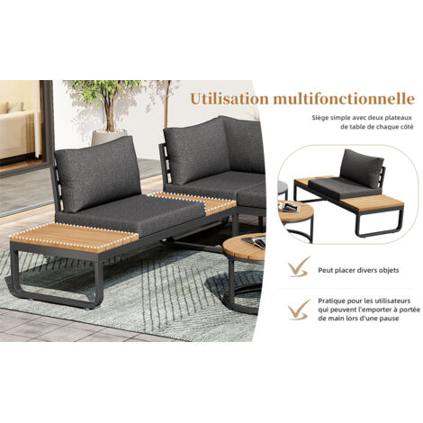 Jardinets – Set de 4 à 5 places assises. Deux tables basses empilables. Cadre en fer galvanisé. Jardinets confortables. Couvertures et coussins gris inclus. Pieds réglables disponibles.