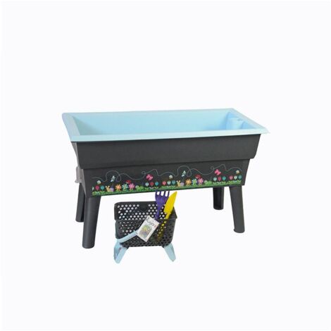 Jardinière 40L Gris/Bleu Pastel – Cheminée d'aération – Système d'arrosage latéral – Panier Kajo 4L + 2 outils de jardin – Calipso