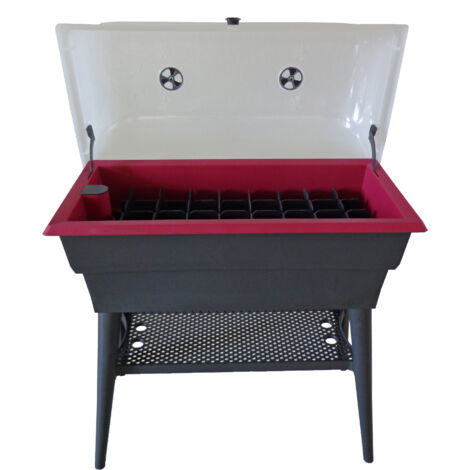 Jardinière 40L modulable en gris/cerise – Cloisons pour 32 semis – Cloche de protection ventilée – Tablette de rangement intégrée – Calipso