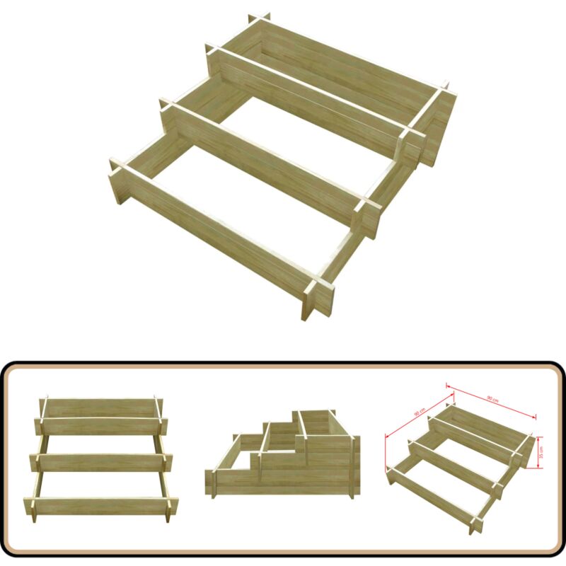 Jardinière à 3 niveaux 90 x 90 x 35 cm Bois imprégné - Jardinier Tres Niveaux - Jardinerie Bois - Pot Plante Exterieur - Jardiniere Deco - Planter