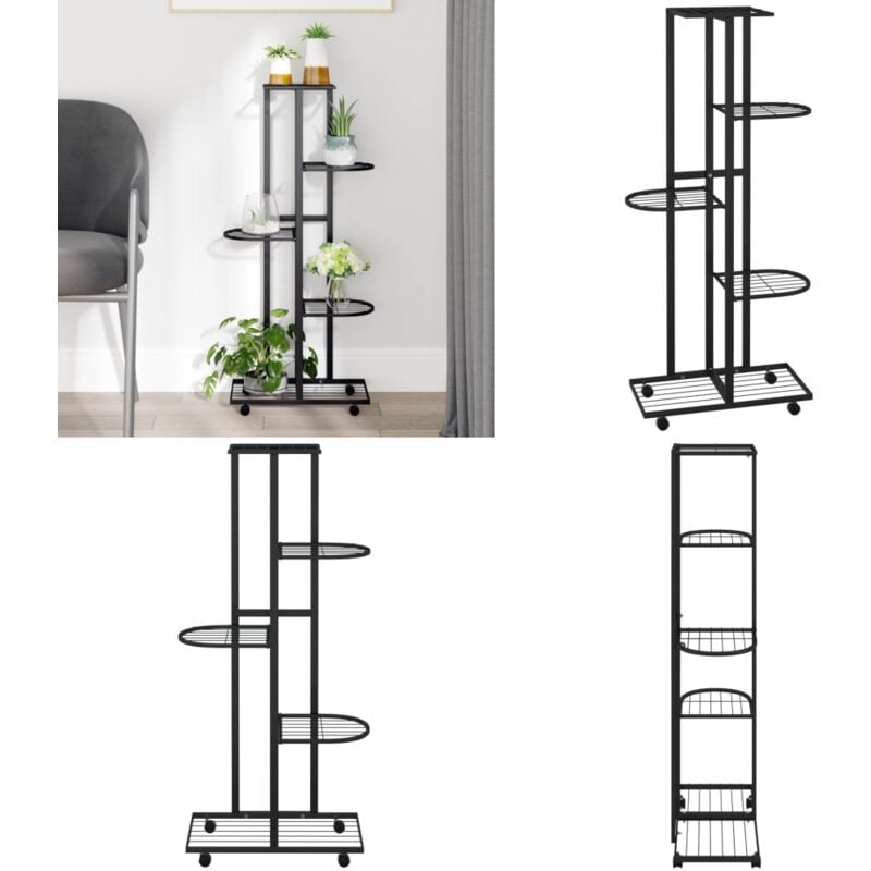 Jardinière à 5 niveaux avec roues 44x23x100 cm Noir Fer - Support Plante - Jardinerie - Étagère Murale - Fleur Pot - Décoration Intérieur - Home &