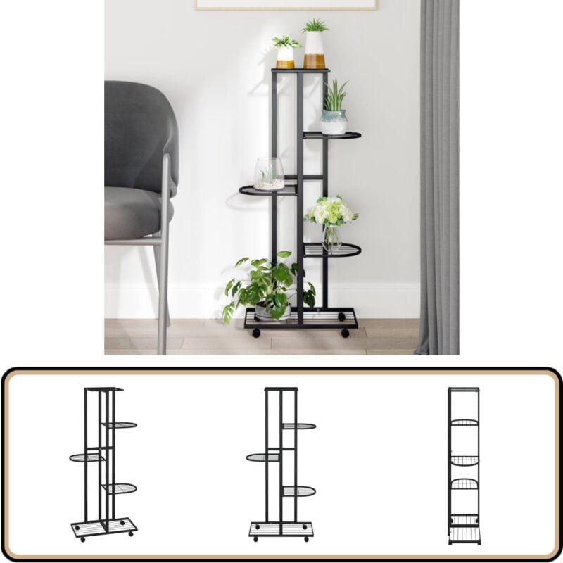 Jardinière à 5 niveaux avec roues 44x23x100 cm Noir Fer - Support Plante - Jardinerie - Étagère Murale - Fleur Pot - Décoration Intérieur